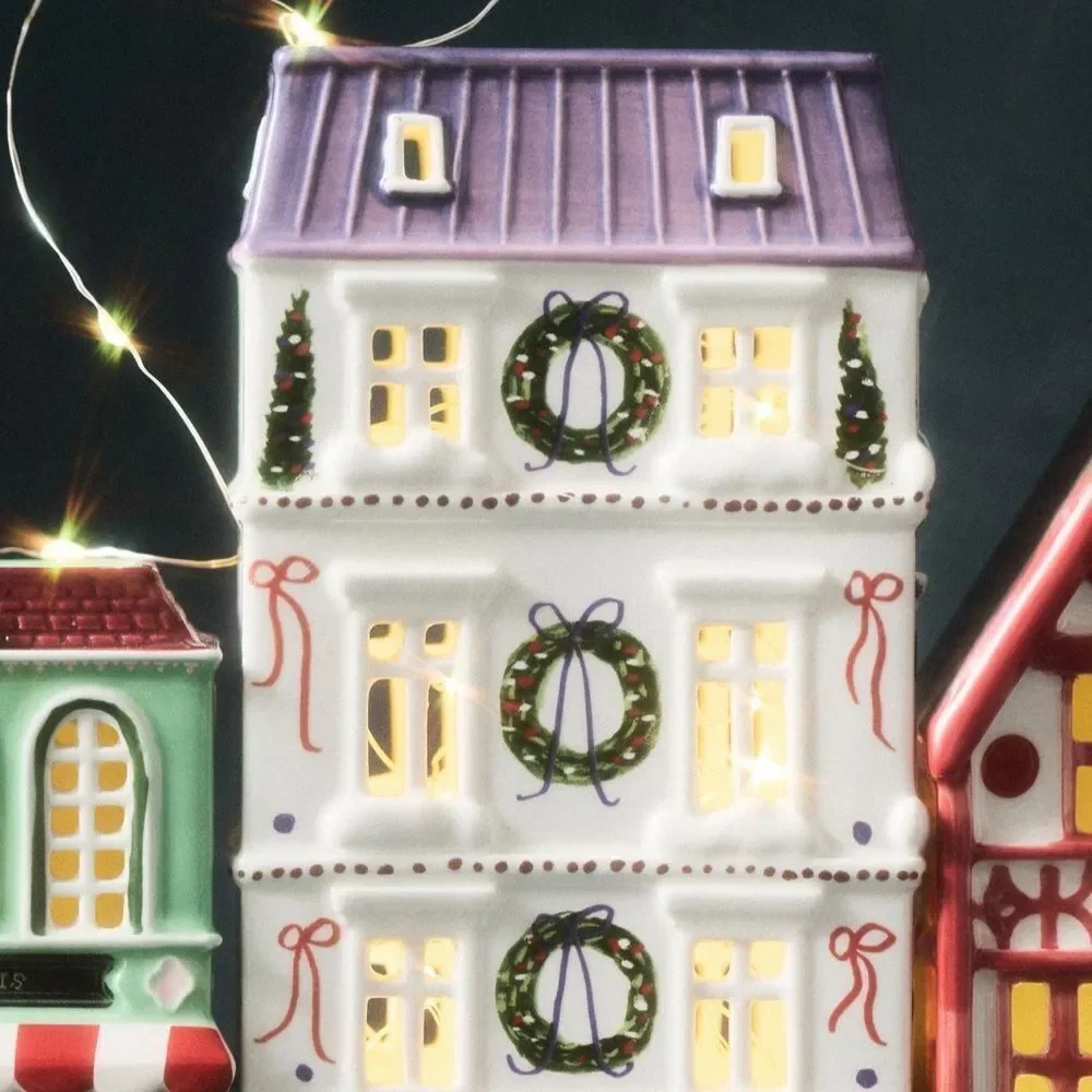 NWT ANTHROPOLOGIE Ceramic Holiday House Department Store Purple White